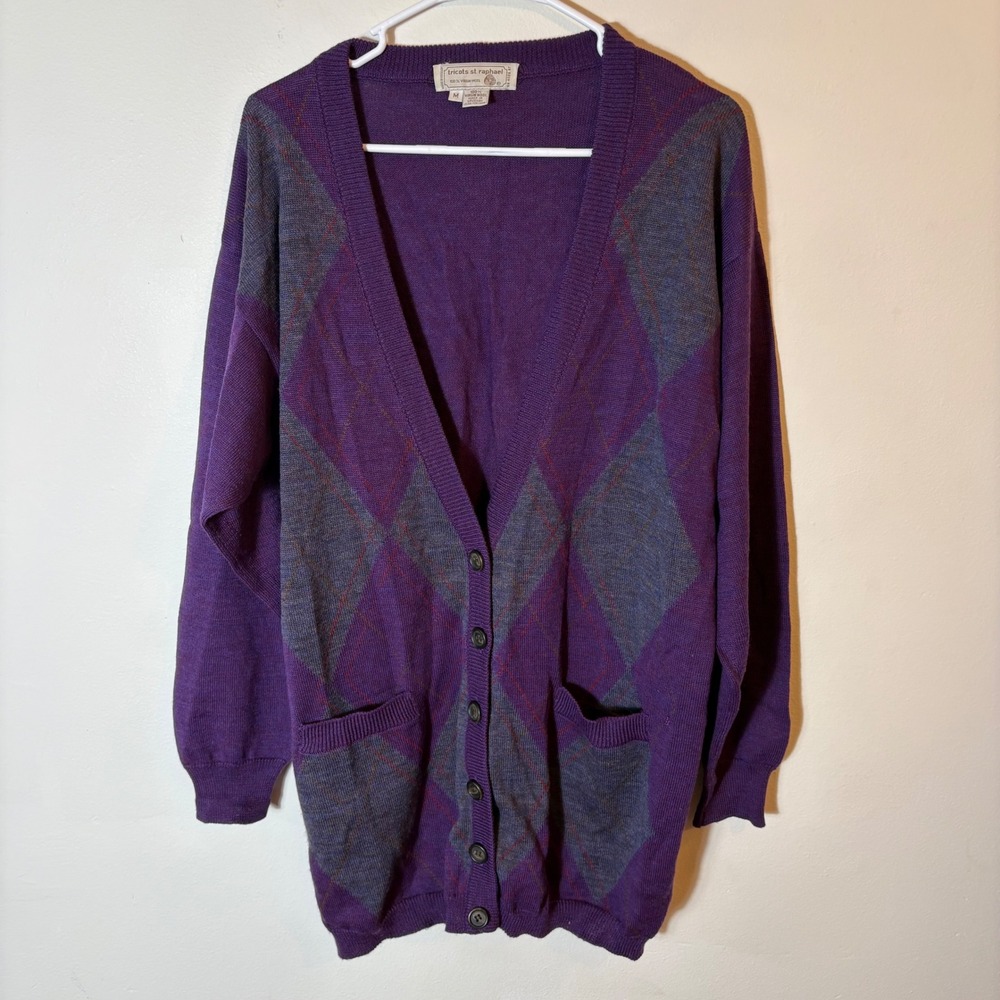 Vintage Tricots St. Raphael Virgin Wool Argyle Cardigan Purple Gray‎ Mens M